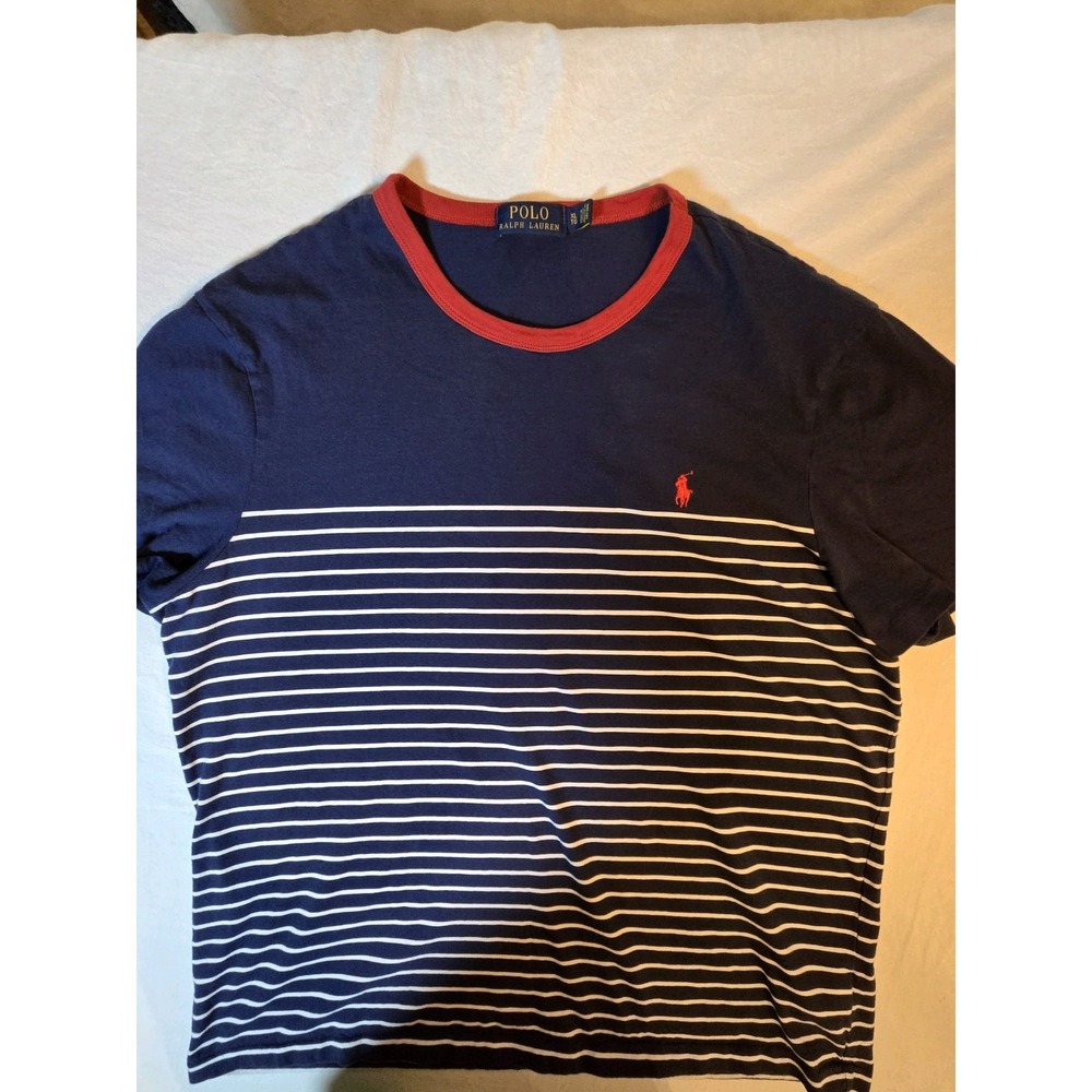 Polo Ralph Lauren Mens BlueShirt Size XL White Stripes Red Logo Shortsleeve Crew